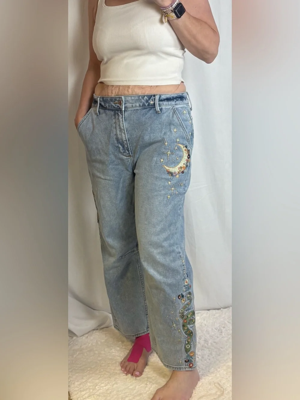 DRIFTWOOD Light Blue Wide Leg Jeans with Colorful Embroidered Motif - Picture 2 of 11